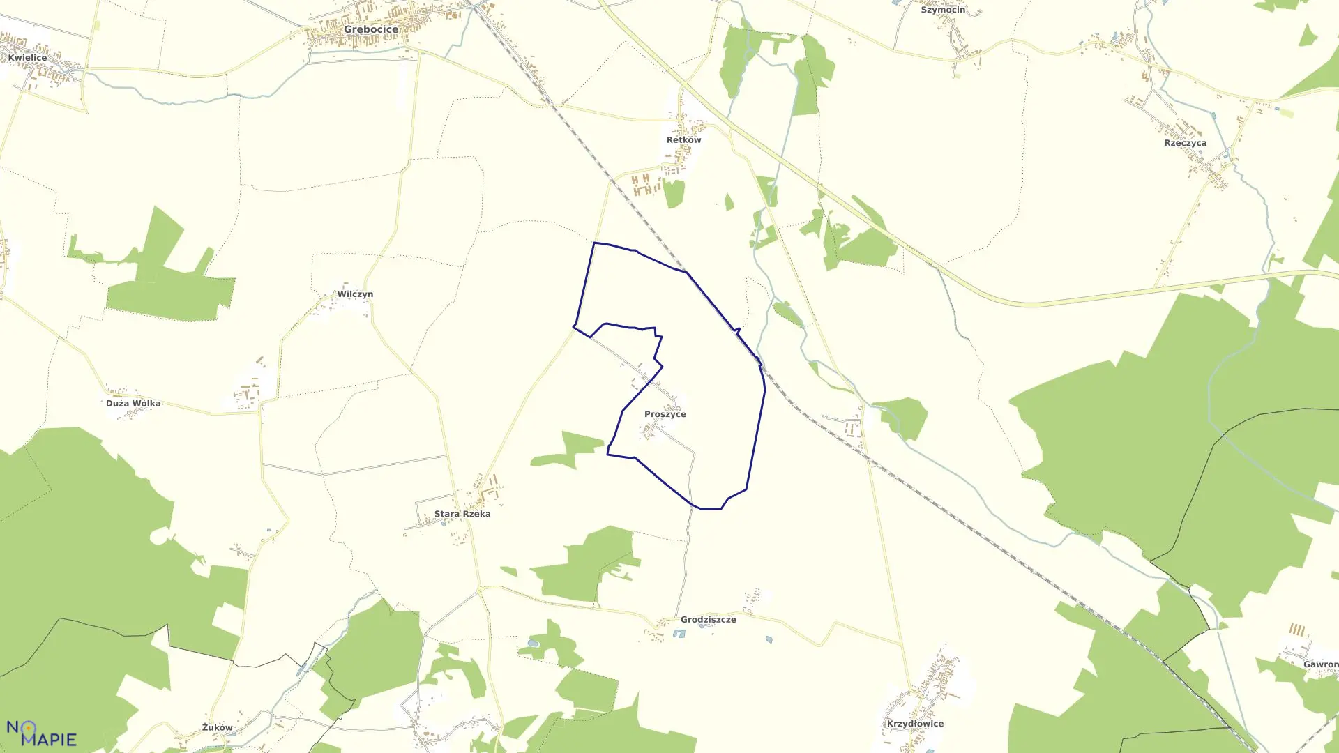 Mapa obrębu Proszyce w gminie Grębocice